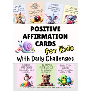 May include: A set of positive affirmation cards for kids featuring colorful illustrations of animals including a kangaroo, ladybug, elephant, koala, snail, penguin, bear, and birds. Each card displays text such as I AM SAFE, I BRING HAPPINESS TO OTHERS, I AM KIND, I AM LOVED, I CAN DO HARD THINGS, I AM STRONG INSIDE AND OUT, and I AM A GOOD LISTENER.