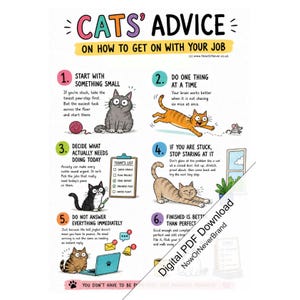May include: A poster titled CATS' ADVICE ON HOW TO GET ON WITH YOUR JOB featuring six numbered steps with cartoon cat illustrations. The text provides humorous workplace tips alongside drawings of cats interacting with office items like a laptop and list.