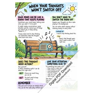 Op de afbeelding: Een educatieve poster getiteld When Your Thoughts Won't Switch Off, met een blauwe radio op een houten parkbank. De illustratie bevat tekst over het omgaan met gedachten, met secties over radiometaforen, actiestappen en mindfulness-technieken.