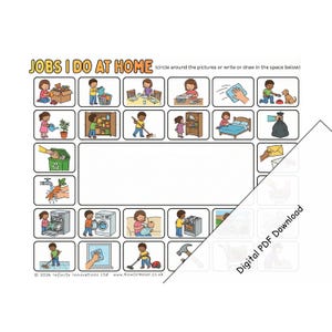 Può includere: Una scheda didattica intitolata JOBS I DO AT HOME con una griglia di colorate illustrazioni a cartoni animati che raffigurano varie faccende domestiche, tra cui pulizie, cucina e cura degli animali, con un ampio spazio vuoto per scrivere.