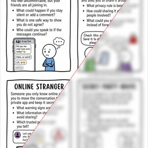 Puede incluir: Una infograf&iacute;a educativa titulada Group Chat Drama, Sharing Private Info y Online Stranger. Presenta dibujos lineales en blanco y negro de personajes de dibujos animados, globos de texto y sugerencias sobre seguridad digital e interacci&oacute;n.