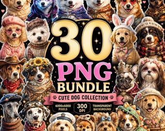 30 Cute Dog PNG Bundle | High Quality Transparent Puppy Clipart | 6000x6000 300 DPI Sublimation Designs | Printable Sticker PNG Bundle