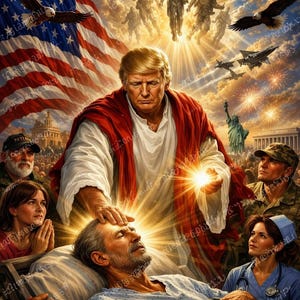 May include: Digital artwork depicting a man in a red robe with a white shirt, touching the forehead of a man lying in a hospital bed. The American flag, eagles, and military figures are in the background. The Statue of Liberty and the Capitol Building are also visible.