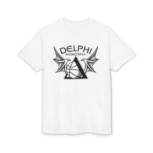May include: White t-shirt with a black graphic. The design features the word "DELPHI" above "BASKETBALL", with a basketball inside a triangle, and stylized wings. A casual tee for basketball enthusiasts.