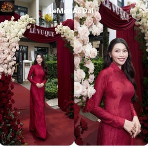 Kant-en-klare jurk van rode zijden brokaat oa dai, Áo dài lụa gấm t, traditionele Vietnamese outfit voor nieuwe maanjaar bruiloft formele kleding