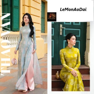 Pre-made Áo dài cách tân vải lụa gấm, Traditional Ao Dai Brocade Dress Slim Fit Vietnamese Style Outfit for Teaching Photoshoot Formal Wear