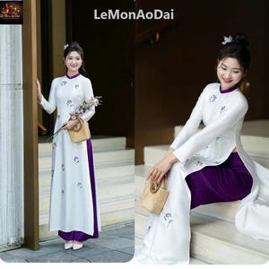 Vorgefertigte, bestickte Seidenjacquard Ao Dai Vietnamesische Kleid, áo dài lụa vân gỗ thêu, traditionelles Outfit mit hohem Hals
