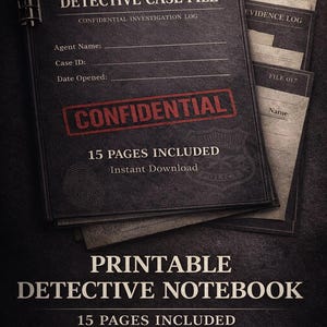 May include: A printable detective notebook with a dark, textured cover. The cover reads "Detective Case File" and "Confidential" in red stamps. Includes 15 pages and is an instant download. Additional file pages are visible.