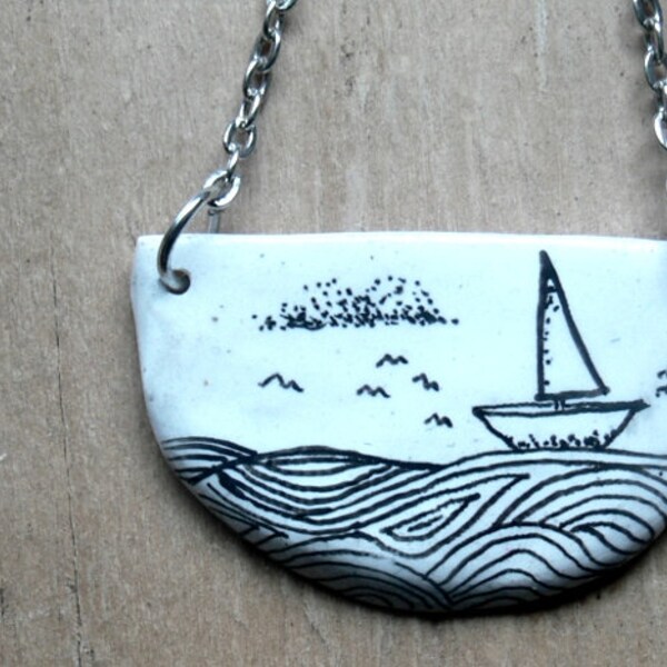 black and white series - ink on polymer clay necklace - sailboat on the ocean - boat, ship, ocean, sea, hand-drawn.