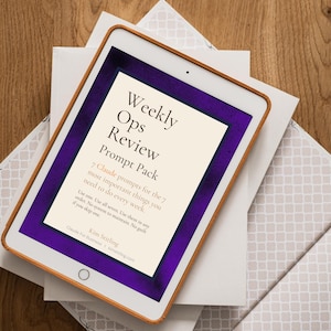 May include: A digital tablet with a brown frame displays the text "Weekly Ops Review Prompt Pack." The screen has a purple border and white background. The tablet rests on a stack of white and patterned paper, set on a wooden surface.