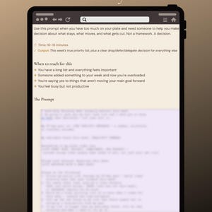 May include: A digital tablet displays the text "The Priority Filter" and instructions for prioritizing tasks. The screen shows a search bar, bullet points, and the prompt's details. The background is a gradient of brown and beige.