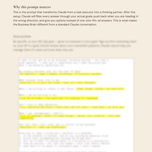 Puede incluir: Un documento digital titulado "Claude Business Brain Setup Kit" con el texto "Decision-Making Filter & Strategic Advisor Setup". El documento explica c&oacute;mo usar un aviso para transformar a Claude en un socio de pensamiento, ofreciendo opciones en lugar de respuestas &uacute;nicas.