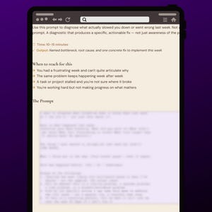 May include: A digital tablet screen shows the text "The Bottleneck Finder". The display includes a prompt to diagnose problems, with details on time, output, and usage scenarios. The background is a purple gradient.