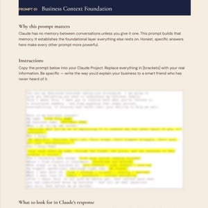 Puede incluir: Una p&aacute;gina web titulada "Claude Business Brain Setup Kit" con el texto "Business Context Foundation". La p&aacute;gina incluye instrucciones y una secci&oacute;n sobre qu&eacute; buscar en la respuesta de Claude. El texto est&aacute; sobre un fondo beige claro.