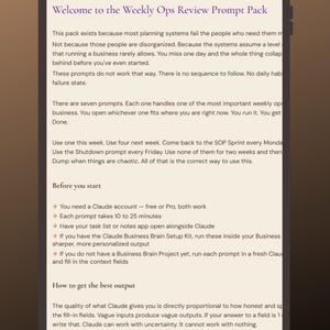 May include: A digital tablet displays text titled "Welcome to the Weekly Ops Review Prompt Pack." The screen contains instructions and bullet points about using prompts for business planning, with a focus on efficiency and organization.