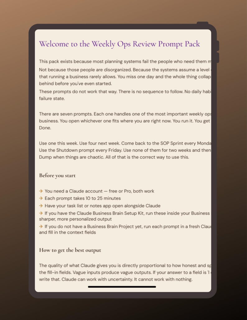 May include: A digital tablet displays text titled "Welcome to the Weekly Ops Review Prompt Pack." The screen contains instructions and bullet points about using prompts for business planning, with a focus on efficiency and organization.