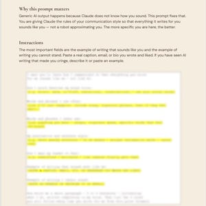 Puede incluir: Documento beige con el t&iacute;tulo "Voice and Communication Calibration" en una pancarta azul oscuro. El texto explica c&oacute;mo mejorar la salida de la IA definiendo un estilo de comunicaci&oacute;n. Se proporcionan instrucciones.