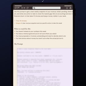 May include: A digital tablet displays the text "The Money Check In." The screen shows a prompt for a weekly revenue snapshot, including time, output, and when to use it. The background is a dark gradient.