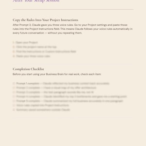 Puede incluir: Documento beige con el t&iacute;tulo &laquo;Despu&eacute;s de tu sesi&oacute;n de configuraci&oacute;n&raquo; e instrucciones para usar Claude Business Brain. Incluye una lista de verificaci&oacute;n y instrucciones para copiar reglas.