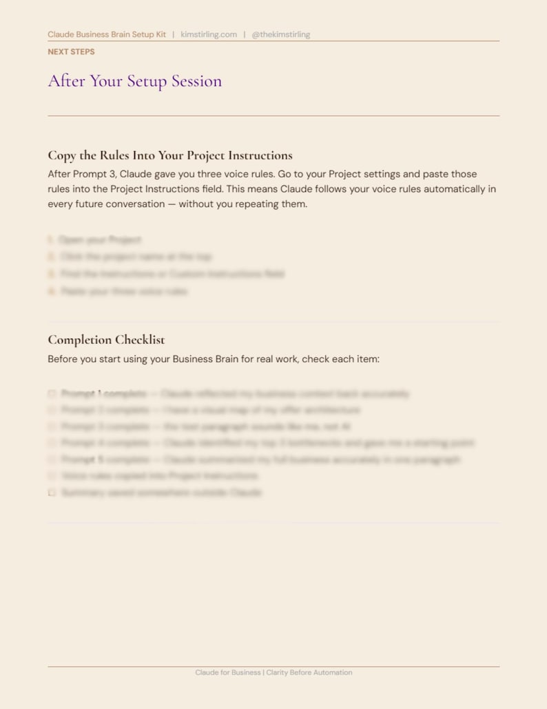 Puede incluir: Documento beige con el t&iacute;tulo &laquo;Despu&eacute;s de tu sesi&oacute;n de configuraci&oacute;n&raquo; e instrucciones para usar Claude Business Brain. Incluye una lista de verificaci&oacute;n y instrucciones para copiar reglas.