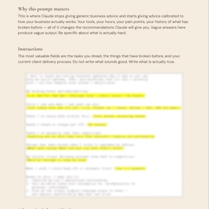 Puede incluir: Documento digital titulado "Preferencias de flujo de trabajo operativo" del "Kit de configuraci&oacute;n del cerebro empresarial Claude". El documento incluye texto sobre asesoramiento empresarial e instrucciones para los procesos de entrega al cliente.