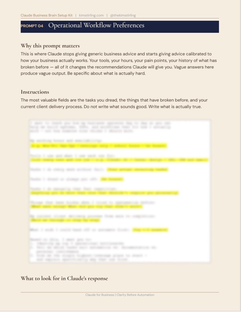 Puede incluir: Documento digital titulado "Preferencias de flujo de trabajo operativo" del "Kit de configuraci&oacute;n del cerebro empresarial Claude". El documento incluye texto sobre asesoramiento empresarial e instrucciones para los procesos de entrega al cliente.