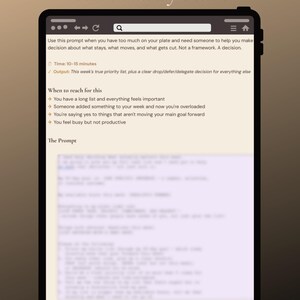 May include: A digital tablet displays the text "The Priority Filter" and instructions for time management. The screen shows a prompt to help make decisions about tasks, with a focus on prioritizing and cutting unnecessary items. The background is a gradient of brown and beige.