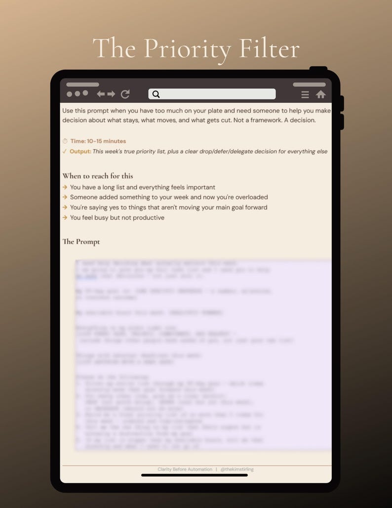 May include: A digital tablet displays the text "The Priority Filter" and instructions for time management. The screen shows a prompt to help make decisions about tasks, with a focus on prioritizing and cutting unnecessary items. The background is a gradient of brown and beige.