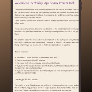 May include: A digital tablet screen shows text titled "Welcome to the Weekly Ops Review Prompt Pack." The content provides instructions and bullet points on using prompts for business planning, emphasizing efficiency and organization.