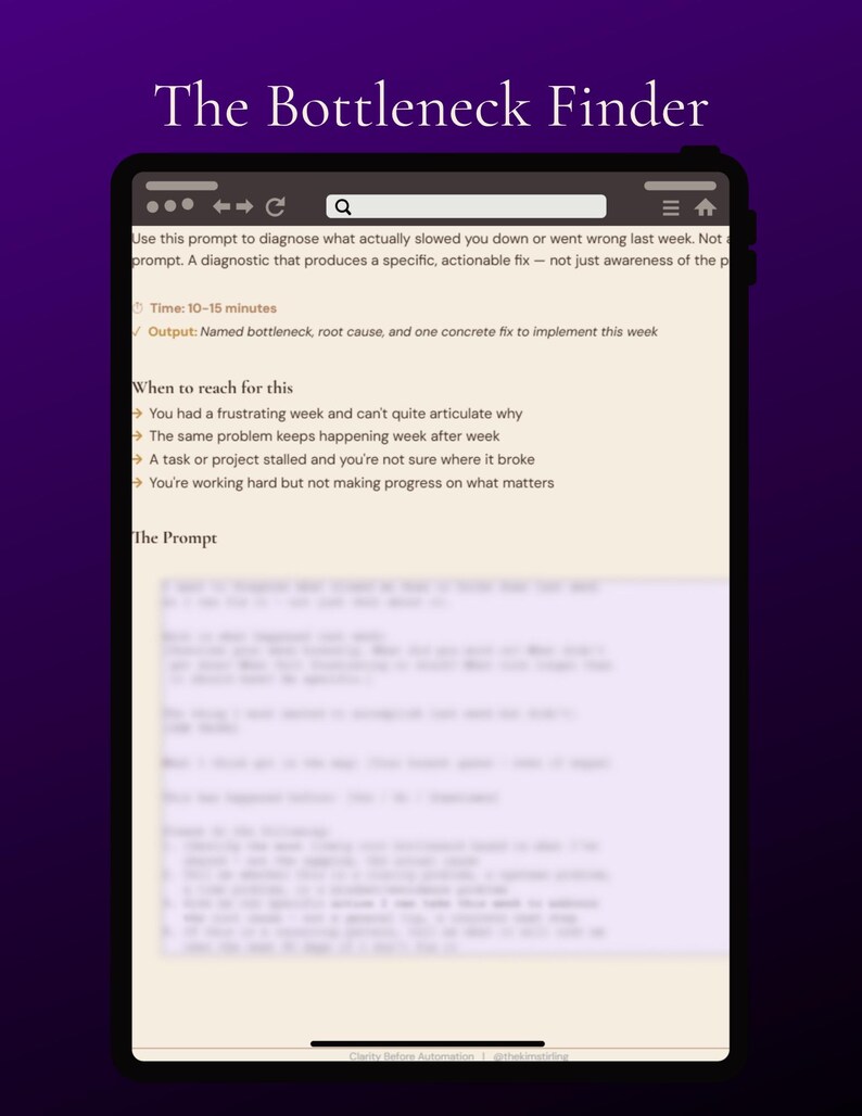 May include: A digital tablet displays the text "The Bottleneck Finder" at the top. The screen shows a prompt to diagnose issues, with details on time, output, and when to use it. The background is a gradient of purple.