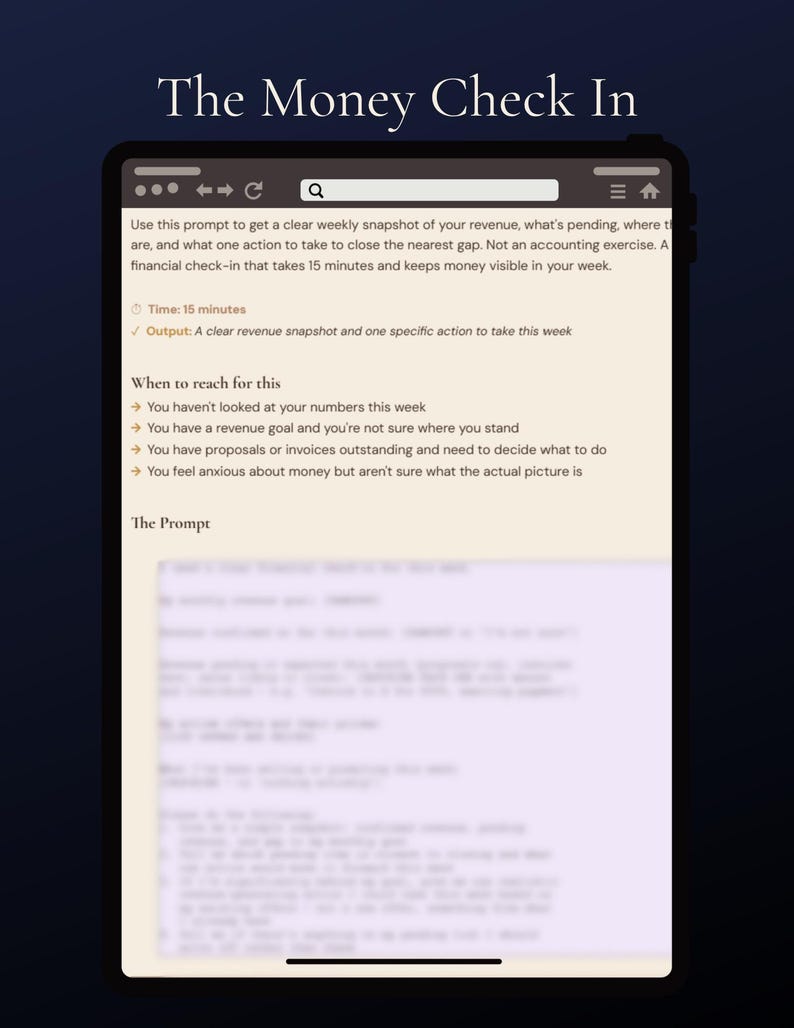 May include: A digital tablet screen shows the text "The Money Check In." The display features a prompt for a weekly revenue snapshot, detailing time, output, and usage scenarios. The background is a dark gradient.