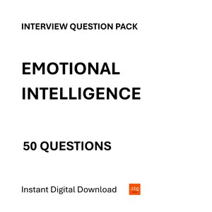 Op de afbeelding: Witte afbeelding met de tekst "INTERVIEW QUESTION PACK" en "EMOTIONAL INTELLIGENCE". Daaronder staat "50 QUESTIONS" en "Instant Digital Download". Een klein oranje vierkant met "JIQ" staat in de hoek.