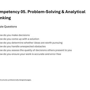Pu&ograve; includere: Pagina bianca con il titolo "Competenza 05. Problem Solving e Pensiero Analitico". Sono elencati esempi di domande sul processo decisionale e sulla risoluzione dei problemi. Il logo JIQ si trova in basso a destra.