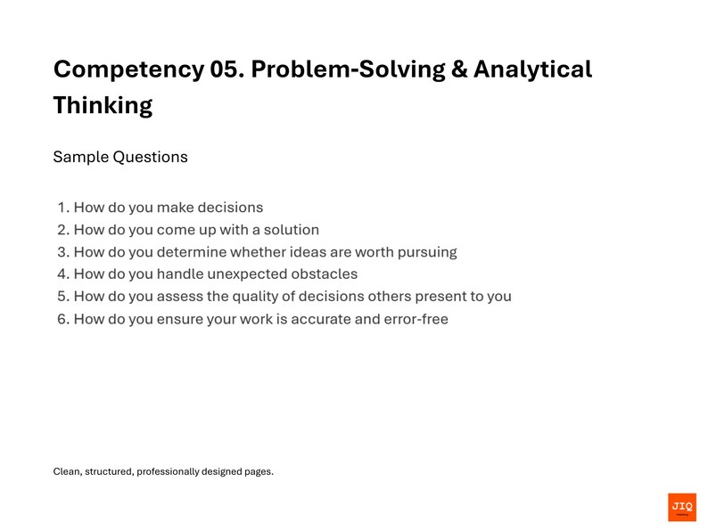Pu&ograve; includere: Pagina bianca con il titolo "Competenza 05. Problem Solving e Pensiero Analitico". Sono elencati esempi di domande sul processo decisionale e sulla risoluzione dei problemi. Il logo JIQ si trova in basso a destra.