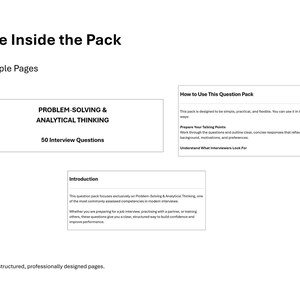 Pu&ograve; includere: Sfondo bianco con testo: "See Inside the Pack" e "Sample Pages". Tre riquadri rettangolari con testo su problem solving, domande di colloquio e un'introduzione. In basso si legge: "Clean, structured, professionally designed pages."