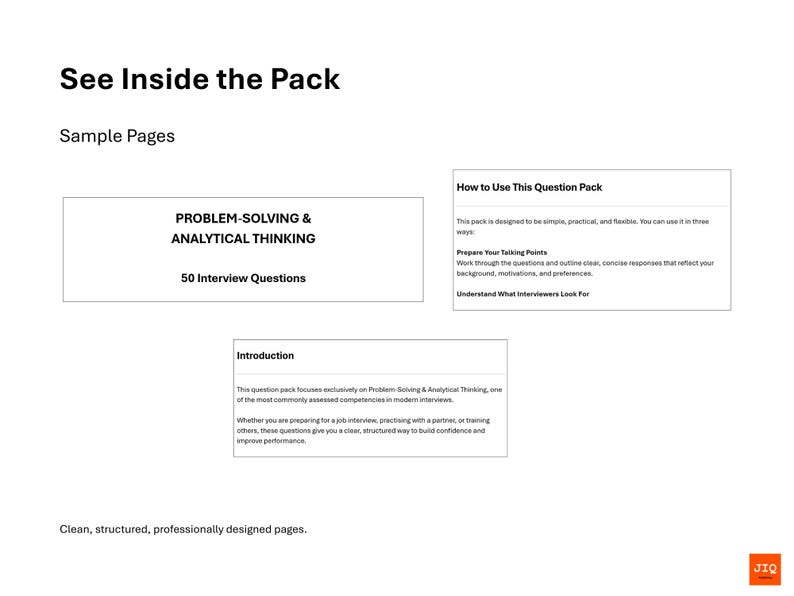 Pu&ograve; includere: Sfondo bianco con testo: "See Inside the Pack" e "Sample Pages". Tre riquadri rettangolari con testo su problem solving, domande di colloquio e un'introduzione. In basso si legge: "Clean, structured, professionally designed pages."
