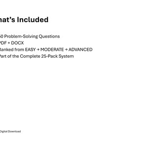 Pu&ograve; includere: Sfondo bianco con il testo "What's Included" in alto. Il testo elenca: 50 domande di problem solving, PDF + DOCX, classificate da FACILE a AVANZATO e parte del sistema completo da 25 pacchetti. Le parole "Download digitale istantaneo" sono in basso.