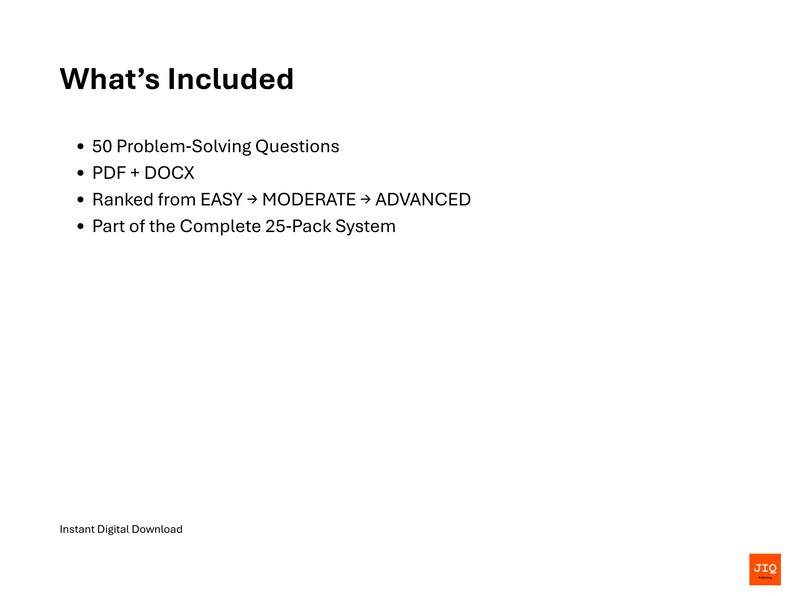 Pu&ograve; includere: Sfondo bianco con il testo "What's Included" in alto. Il testo elenca: 50 domande di problem solving, PDF + DOCX, classificate da FACILE a AVANZATO e parte del sistema completo da 25 pacchetti. Le parole "Download digitale istantaneo" sono in basso.