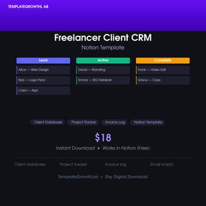 Könnte beinhalten: Eine digitale Notion-Vorlage für Freelancer Client CRM, mit Abschnitten für Leads, aktive Projekte und abgeschlossene Arbeiten. Die Vorlage enthält eine Kundendatenbank, einen Projekt-Tracker und ein Rechnungs-Protokoll. Der Preis beträgt 16,60 €.