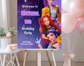 Kpop Demon Hunters Birthday Welcome Sign, Editable Party Decor (Instant Download)