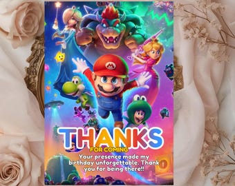Kartka z podziękowaniami urodzinowymi Super Mario, edytowalna notatka dla gracza (do pobrania w wersji cyfrowej)