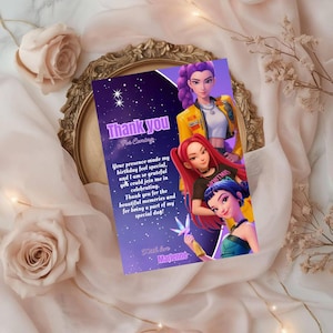 May include: A personalized thank you card with a purple and blue galaxy background. The card features illustrations of three anime-style women and the text "Thank you" and "Your presence made my birthday feel special." The card is signed "Martenné."