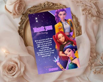 Kpop Demon Hunters Thank You Card Template | Birthday Party Favor (Editable Canva)