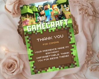 Pixel Block Thank You Card, Gamer Birthday, Editable Canva Template (Digital Download)
