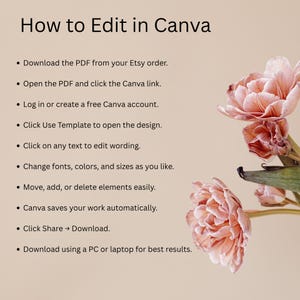 May include: A beige graphic with the title "How to Edit in Canva" and a list of instructions. The image includes pink flowers in the upper right corner. The instructions include steps for editing a design in Canva.
