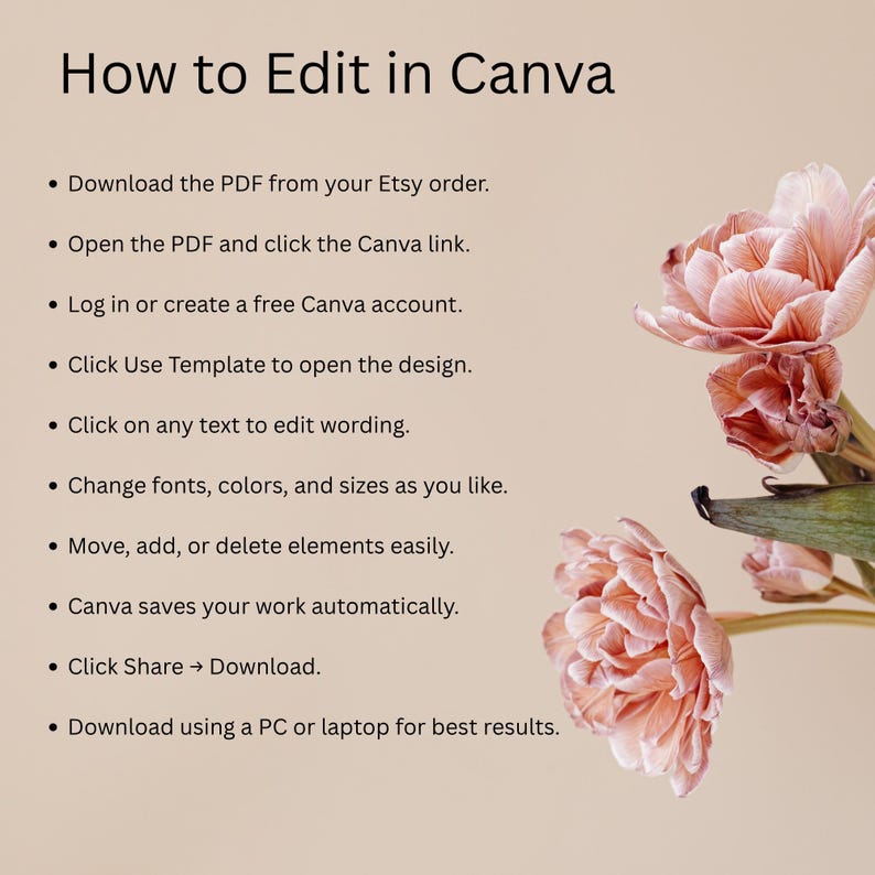 May include: A beige graphic with the title "How to Edit in Canva" and a list of instructions. The image includes pink flowers in the upper right corner. The instructions include steps for editing a design in Canva.