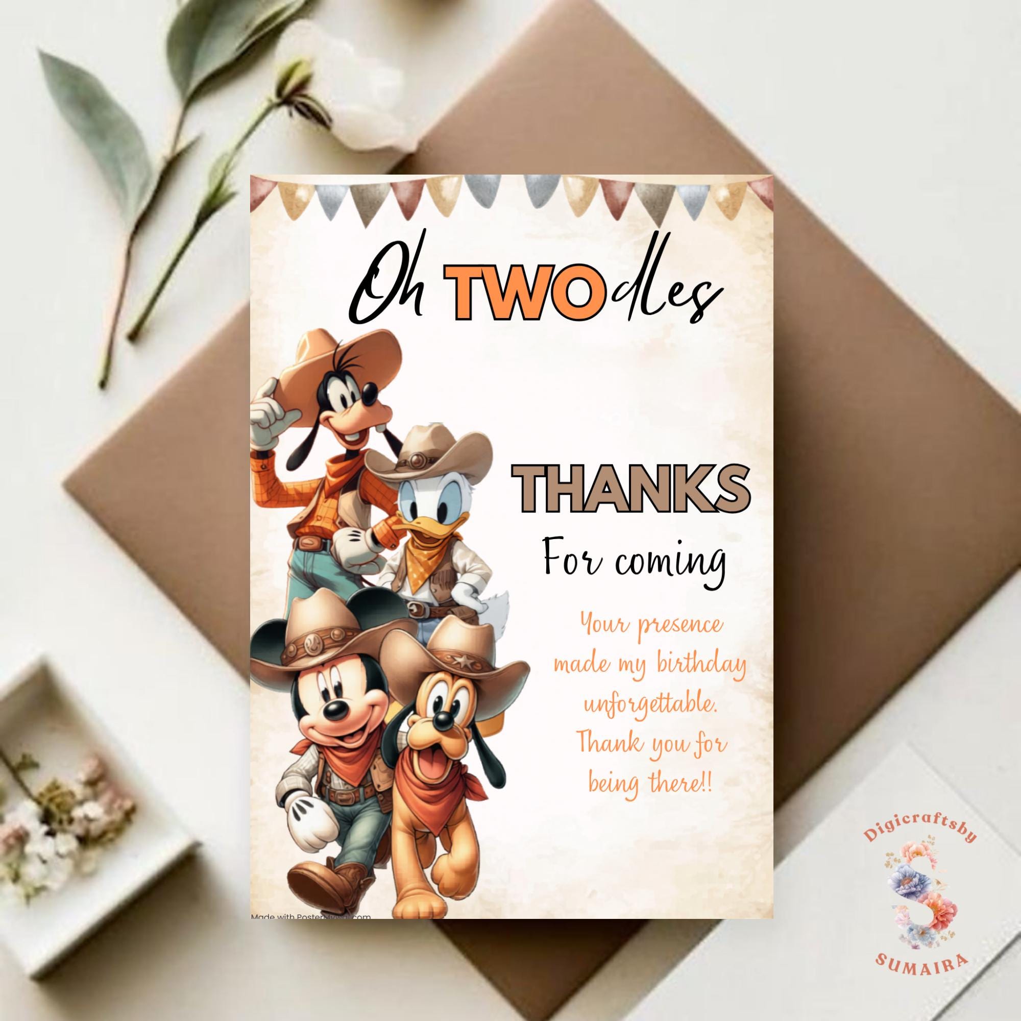 Awth Mickey Mouse Birthday Thank You Card, Cartoon Party Editable Canva ...