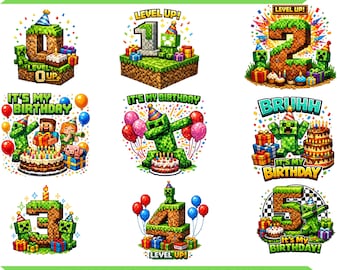 ゲーマー誕生日PNGセット、ピクセルアートクリップアート、レベルアップ、今日は私の誕生日（デジタルダウンロード）