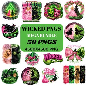 May include: A digital collection of 50 Wicked PNG files featuring illustrations of witches in pink and green attire, theatrical masks, broomsticks, and bows. The central text reads WICKED PNGS MEGA BUNDLE 50 PNGS 4500X4500 PNG on a green background.
