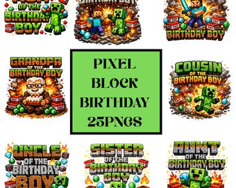 ピクセルブロック バースデーボーイ PNGバンドル | ゲーマーファミリークルーデザイン（デジタルダウンロード）